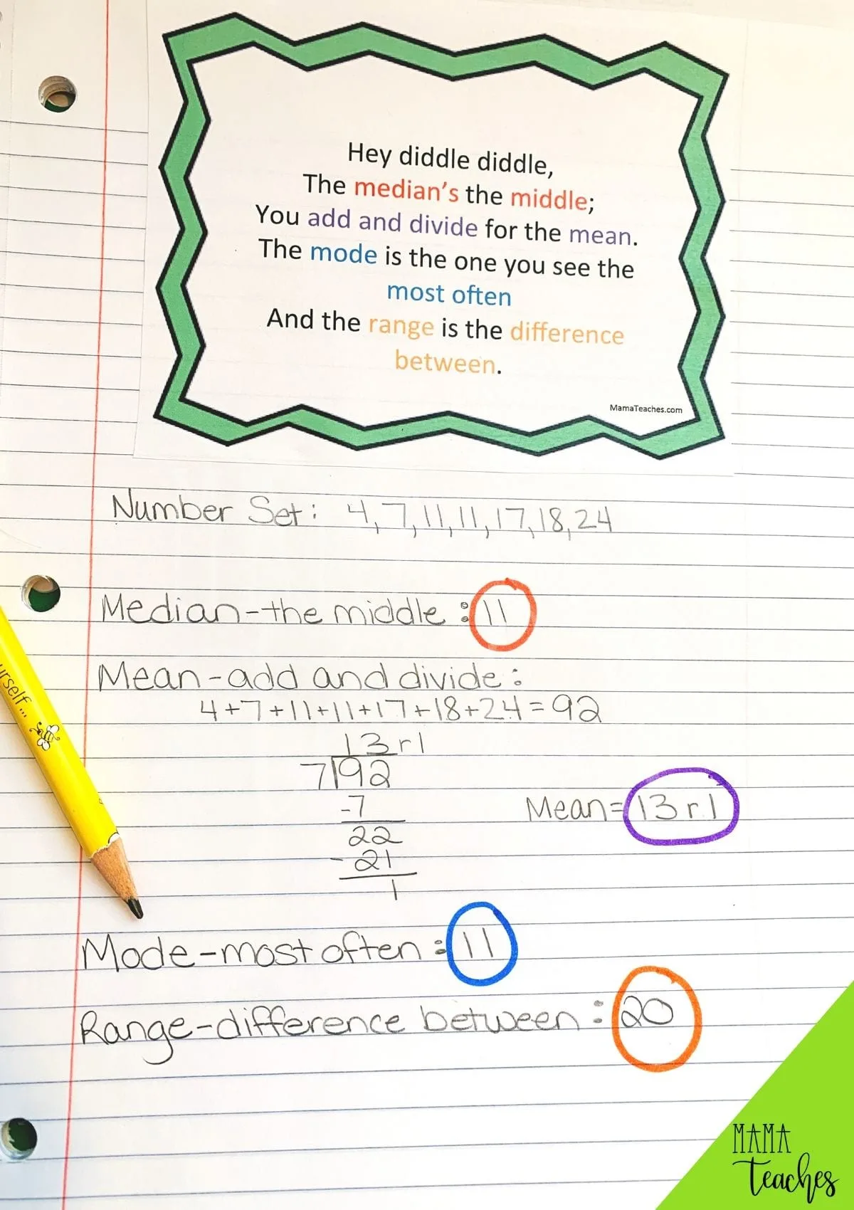 Mean Median Mode and Range Rhyme - Printable Math Anchor Chart for Math Notebooks from MamaTeaches