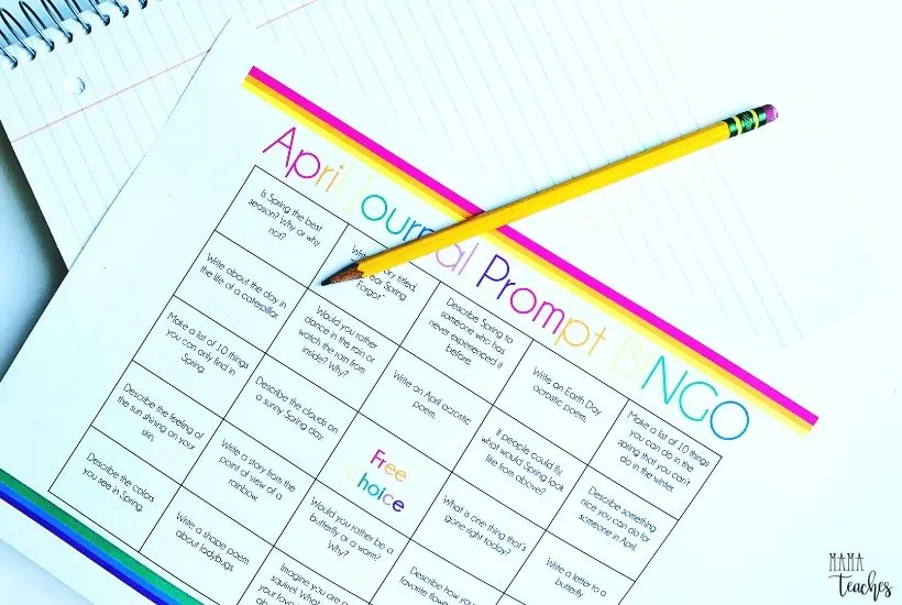 April Writing Prompt BINGO - Journal Writing Prompts Game for Kids - MamaTeaches.com