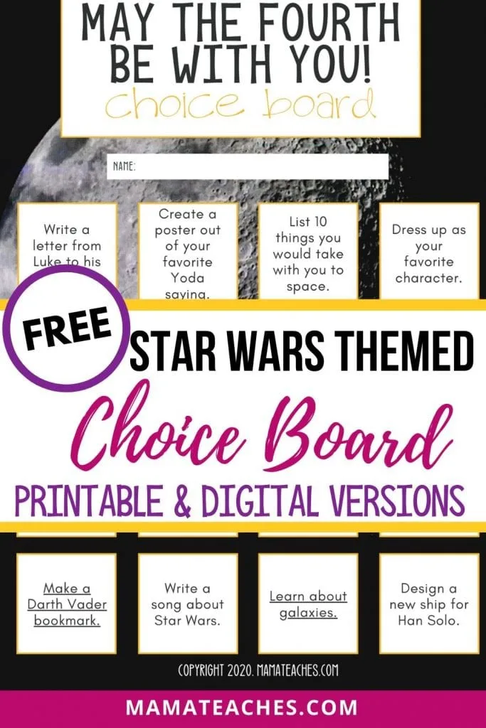 Free Star Wars Themed Choice Board for May the 4th Day