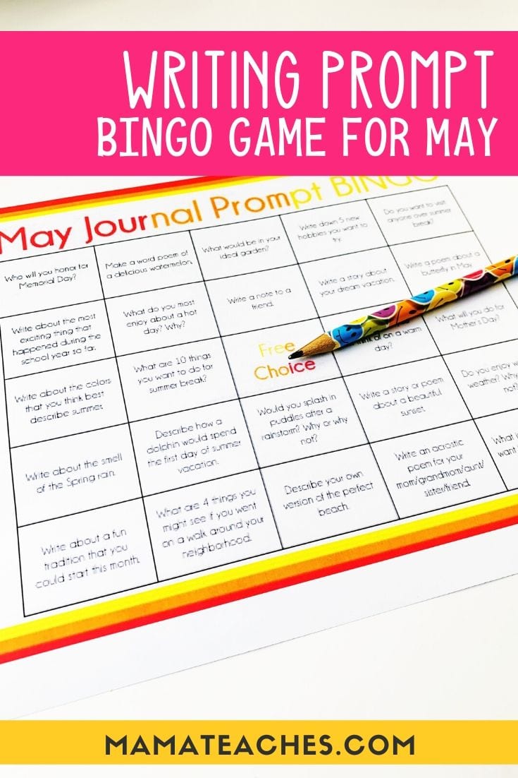 Journal Writing Prompt BINGO Game for May - Make writing fun for your students with a FREE printable game board - MamaTeaches.com