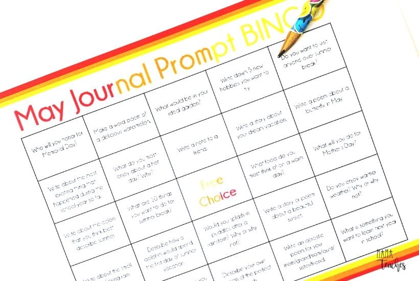 May Journal Writing Prompt BINGO for Kids - MamaTeaches #writing #teaching #journalprompts