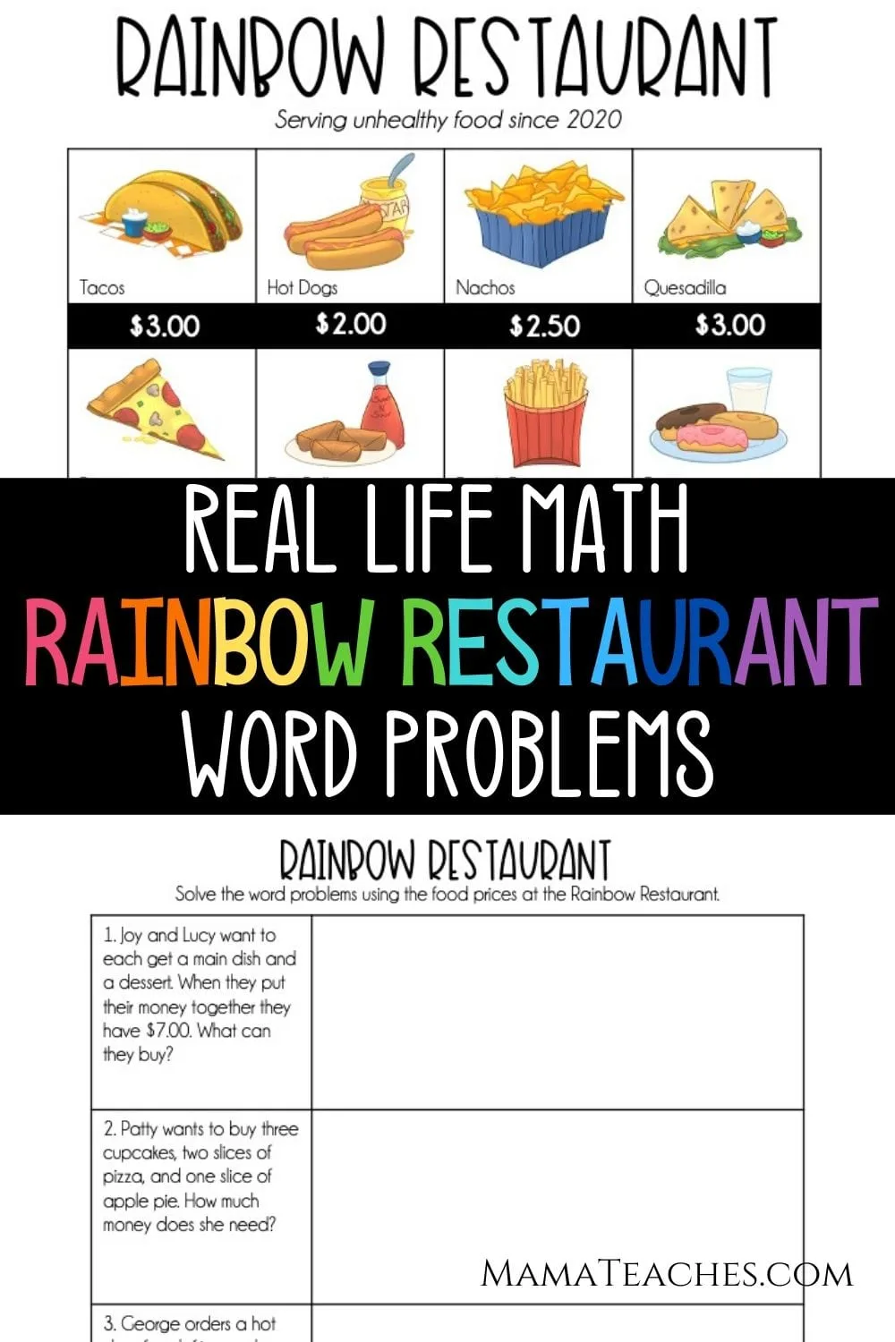 Rainbow Restaurant - Real Life Math Word Problems for Upper Elementary - MamaTeaches.com
