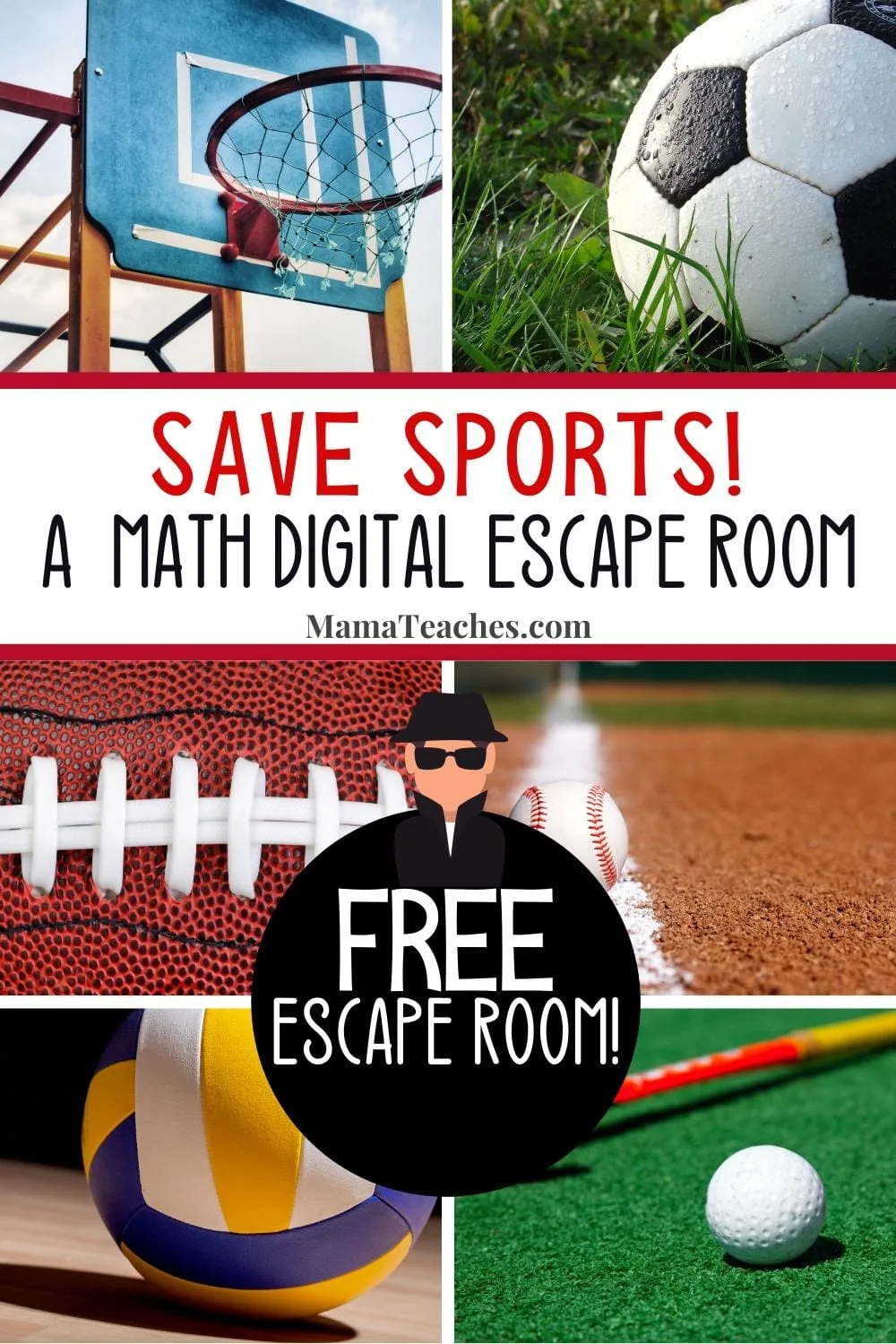 Save Sports! A Math Digital Escape Room for Grades 3-5. Focuses on multiplication, addition, and subtraction...with a directional question thrown in! Find it for free at MamaTeaches.com