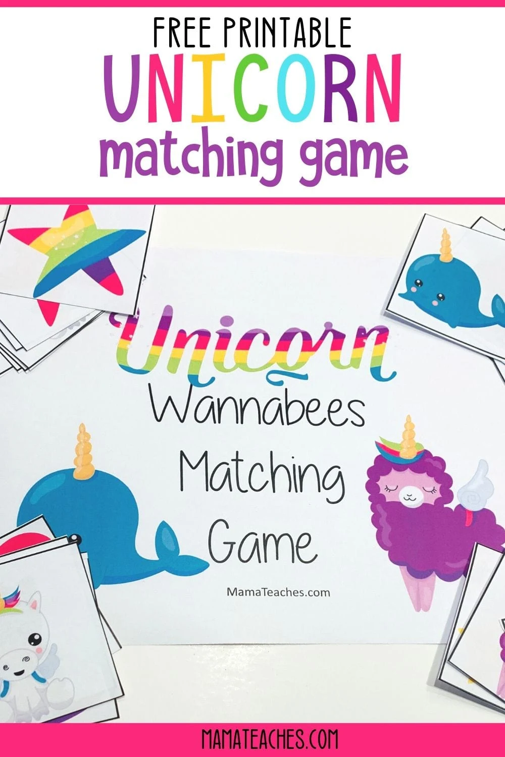 Free Printable Unicorn Matching Game featuring Unicorn Wannabees - MamaTeaches.com