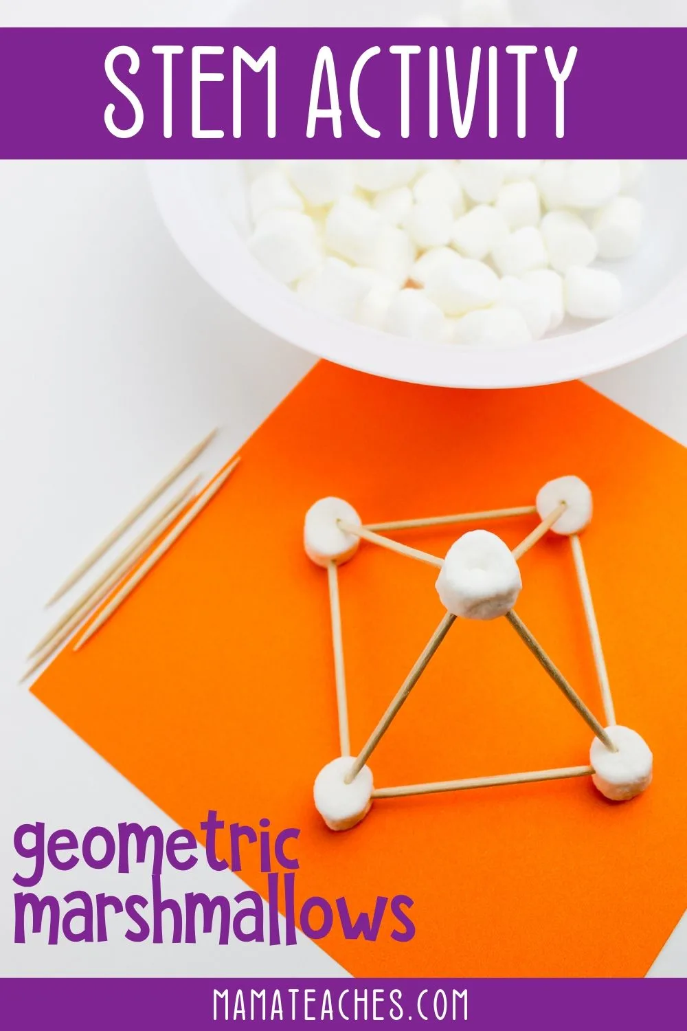 Marshmallow STEM Activity using a bowl of marshmallows and toothpicks to create a three dimensional geometric shape.