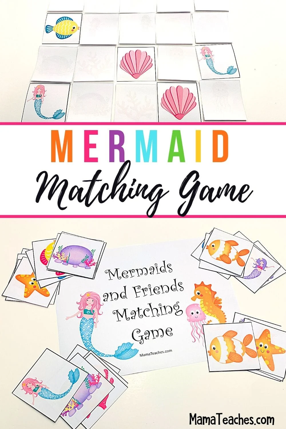 Mermaid Matching Game Freebie - a Printable Memory match Game for Kids from MamaTeaches.com