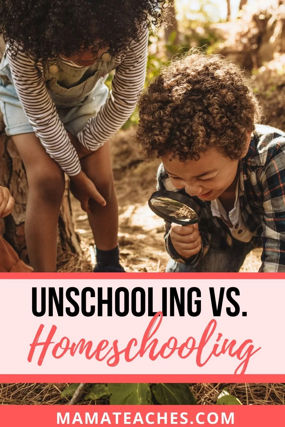 Unschooling vs Homeschooling can look like kids exploring the world around them as they go for a walk in the wood!