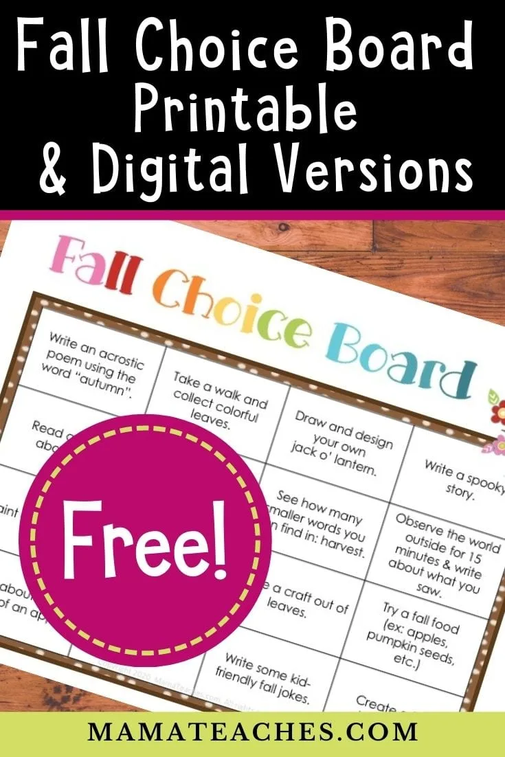 Fall Choice Board - Free Printable and Digital Versions